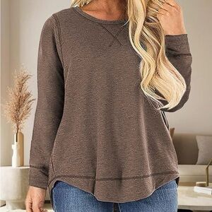 Temofon Women’s Brown Long Sleeve Tunic Top Crewneck High-Low Hem Size L